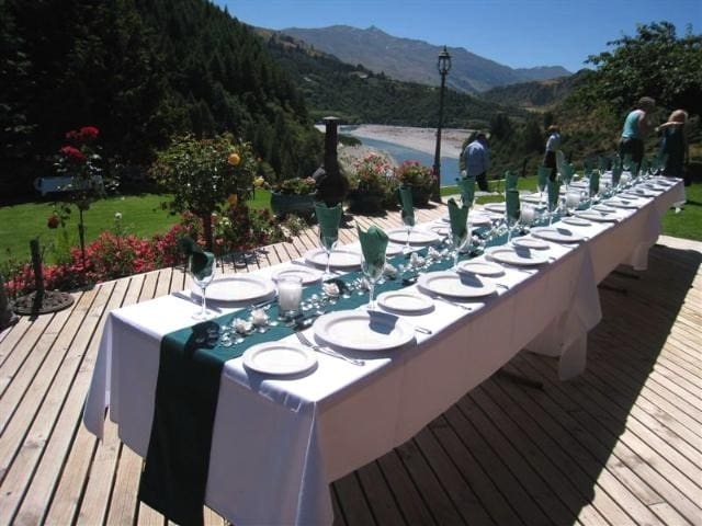 Formal table setting on the deck for a wedding